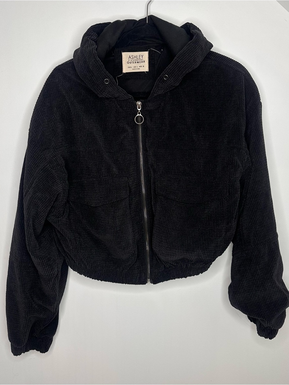 Ashley Black Cropped Corduroy Bomber Jacket Size L